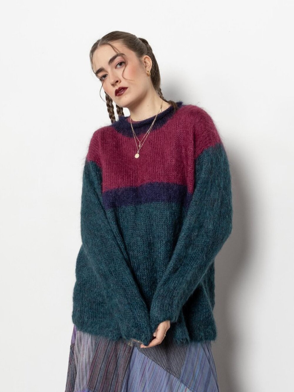 MOHAIR SWEATER Color Block Textured Vintage Oversize Baggy / Large